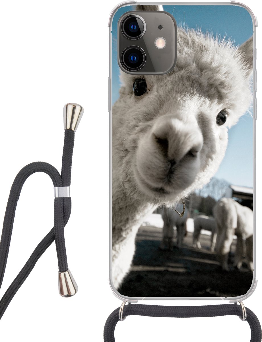 Telefoonhoesje Geschikt voor iPhone 12 - Alpaca - Wit - Dier - Siliconen - Crossbody - Backcover met Koord - Telefoonhoesje met koord - Hoesje met touw Telefoonhoesje