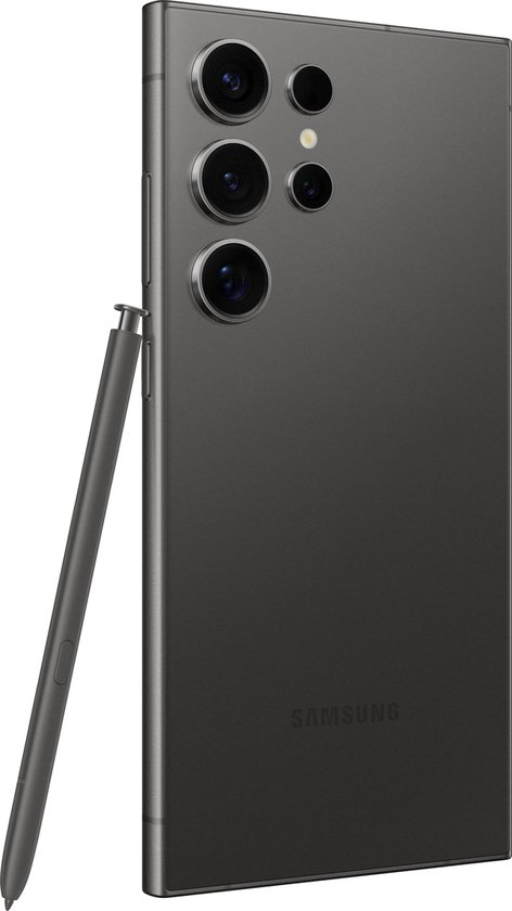 Achterkant van een grijze Samsung smartphone met vier camera's en een S Pen.