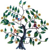 Floz Design wanddecoratie levensboom - levensboom kleur met vogels - muurdeco gerecycled metaal - fairtrade - 60 cm