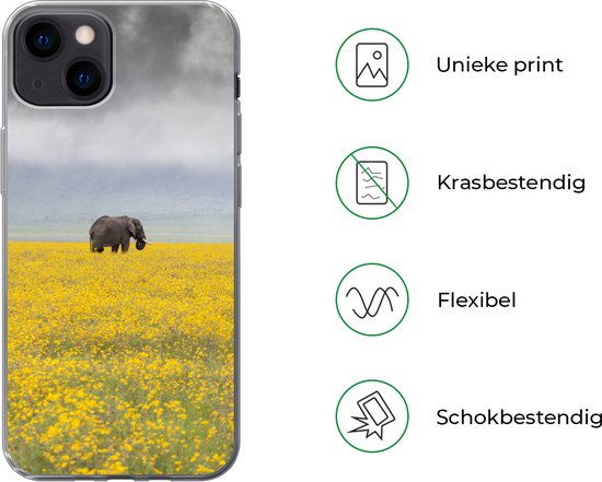 Coque iPhone 13 - Éléphant dans un champ de fleurs jaunes - Siliconen
