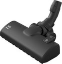 Zwarte AEG Allfloor stofzuigermond met flexibele slangkoppeling, geïsoleerd op witte achtergrond.