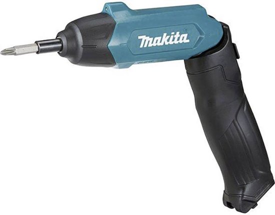 Turquoise en zwarte Makita schroevendraaier met bit.