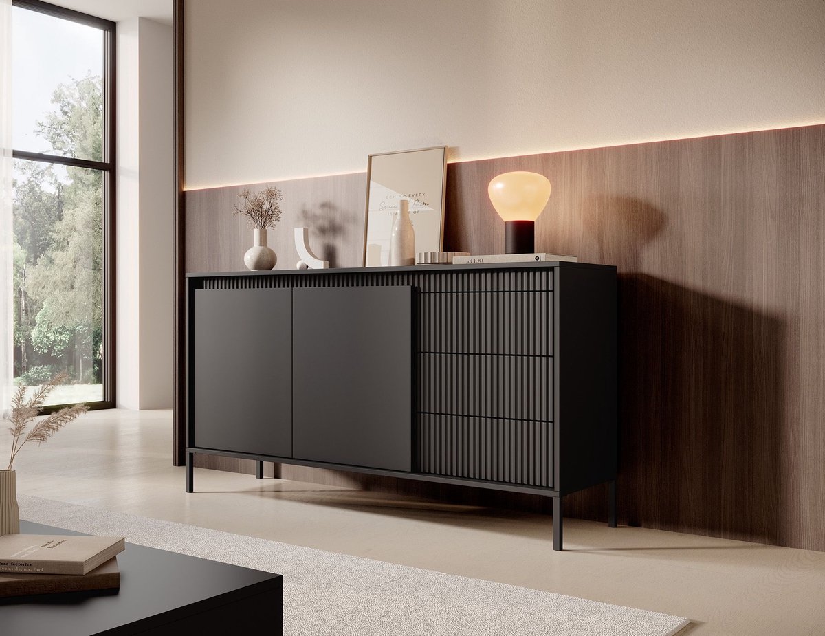 MEUBELLA Dressoir Saran - Mat zwart - 153 cm