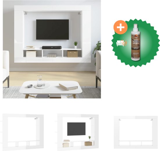 vidaXL Tv-meubel 152x22x113 cm bewerkt hout hoogglans wit - Kast - Inclusief Houtreiniger en verfrisser
