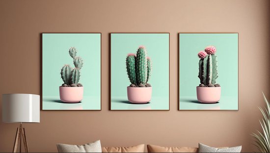 Poster Botanique 3 panneaux avec Cactus - Design minimaliste aux tons pastel - 50x70cm avec cadre en plastique noir