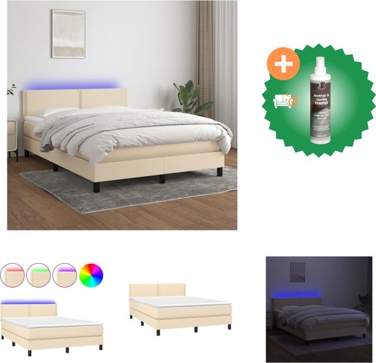 vidaXL Boxspring met matras en LED stof crèmekleurig 140x200 cm - Bed - Inclusief Reiniger