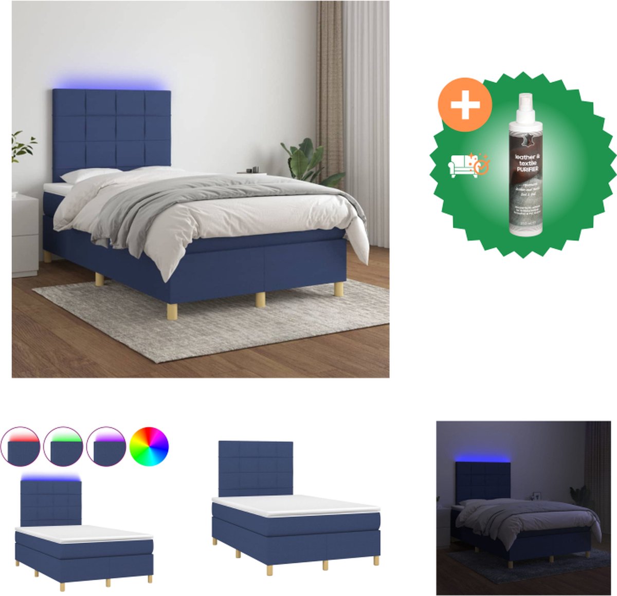 vidaXL Boxspring met matras en LED stof blauw 120x200 cm - Bed - Inclusief Reiniger