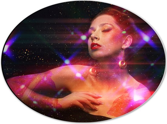 Dibond Ovaal - Vrouw - Lichten - Kleuren - Glitter - Make-Up - - 40x30 cm Foto op Ovaal (Met Ophangsysteem)