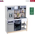 Grijze Miele speelgoedkeuken met koelkast, magnetron, oven, kookplaat, gootsteen en FSC-logo.