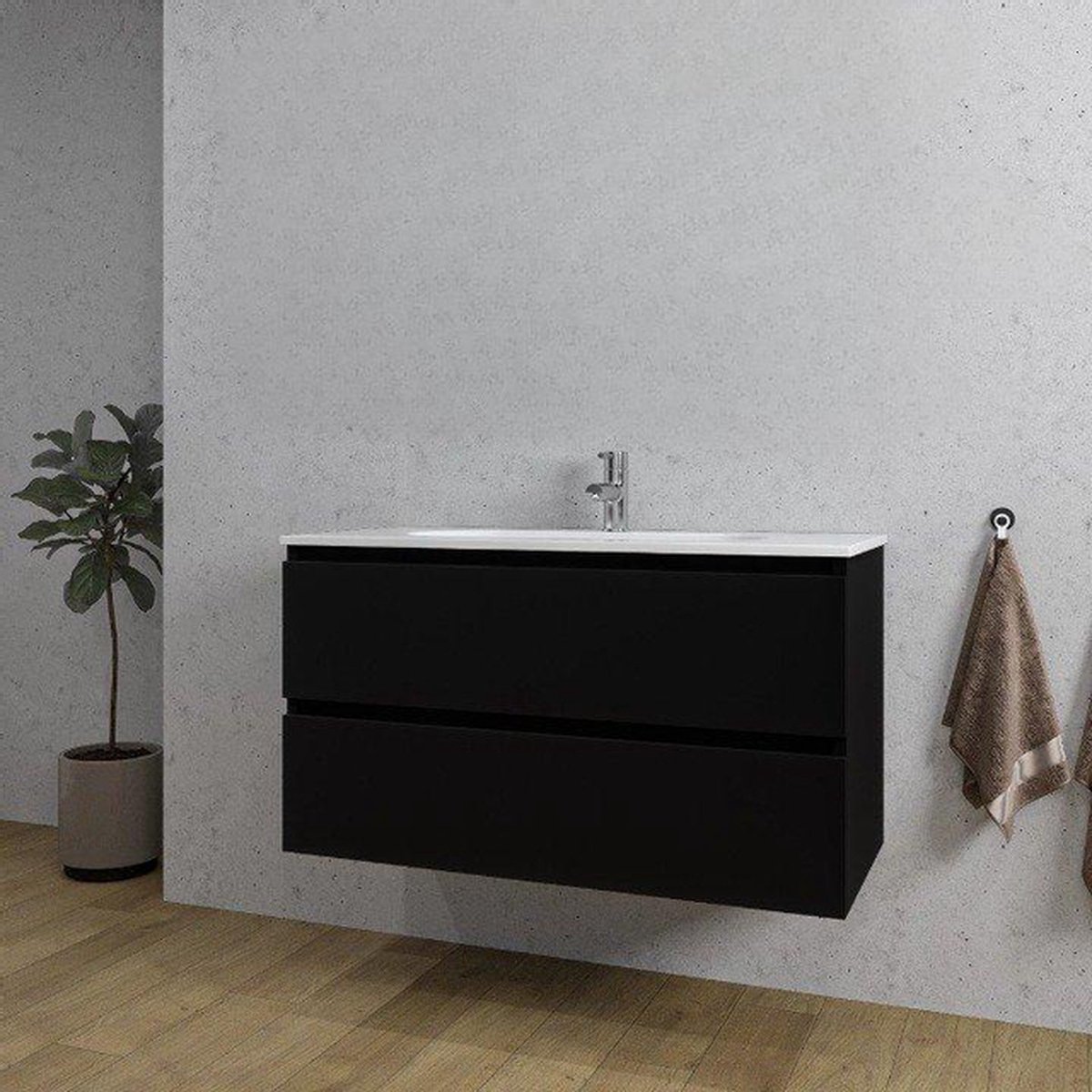 Saniclass Chaci Badkamermeubelset - 100x45x55cm - keramische wastafel glans wit - 1 wasbak - 1 kraangat - 2 lades - mat zwart