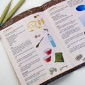 Pagina uit een instructieboek met afbeeldingen van dinosauriërs, fossielen en experimentele opstellingen.