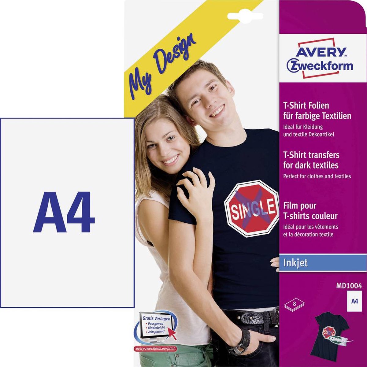 Avery-Zweckform My Design T-Shirt MD1004 Inkjet-textielfolie DIN A4 Voor gekleurd textiel, Geoptimaliseerd voor inkjet