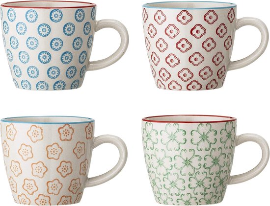 Bloomingville kleine mokken Emma Retro mokken ideaal voor een dubbele espresso of een kleine koffie crema ø 7,5 x H 7,5 cm, blauw rood oranje groen, keramiek, set van 4