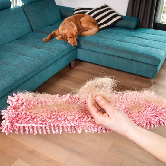 Main retire des poils de chien d'une serpillière en microfibre rouge et blanche. Retriever doré couché sur un canapé turquoise.
