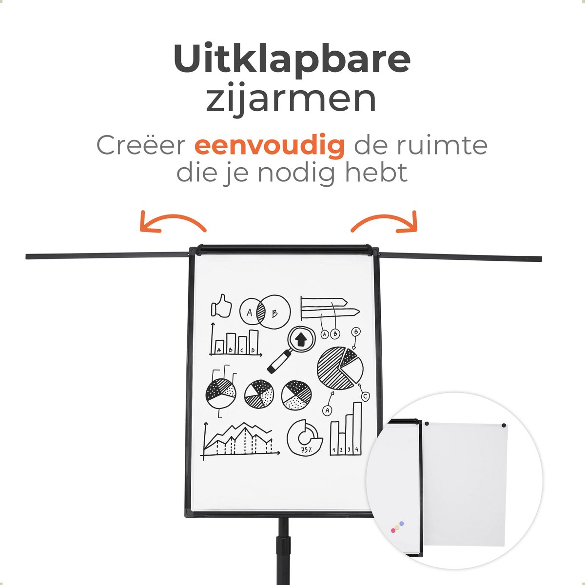 Lenx Flipover Verrijdbaar 70x100cm - Inclusief 25 Vellen Papier, Stiften, Marker, Magneten en Mini whiteboard - Magnetisch Whiteboard - Verstelbaar Bord van 172 tot 215 cm - Met Uitschuifbare Armen thumbnail 5