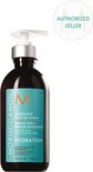 Moroccanoil Hydrating Styling Cream fles met pompdispenser. Turquoise label met oranje M-logo. Bovenaan staat een 'Authorized Seller' zegel.