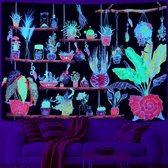 Planten blacklight wandtapijt Bonsai cactus wandbehang UV reactieve paddenstoel fantasie glow in the dark wandtapijten gele muurkunst voor slaapkamer woonkamer 210 x 150 cm