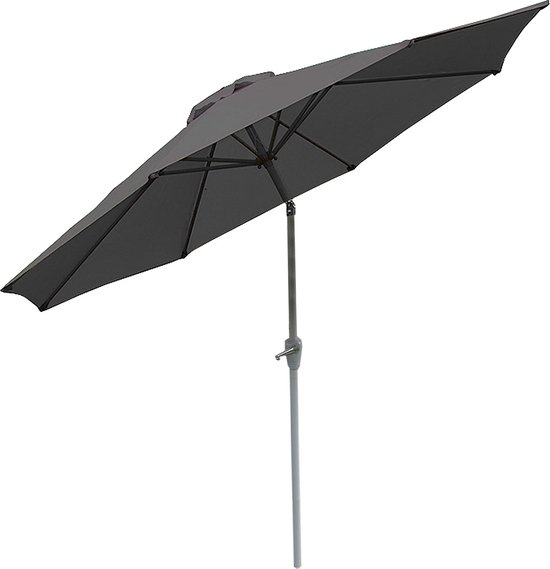 Antracietkleurige parasol met grijze paal, staand op witte achtergrond.