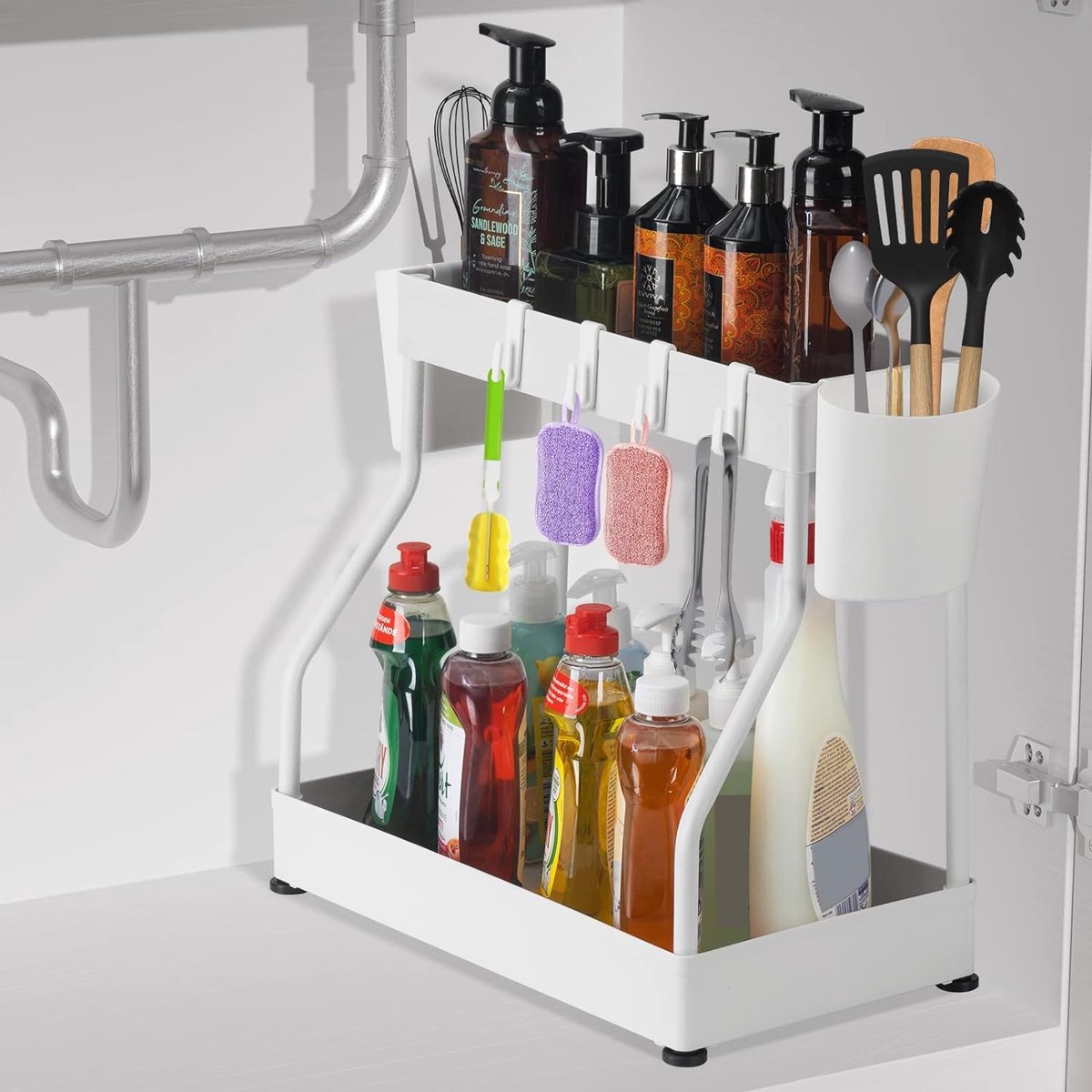 Onder wastafelrek, 2 etages, organizer met 4 haken en 2 kopjes, reinigingsmiddelorganizer voor keuken, gootsteen, badkamer, kast, keukenorganizer, wit