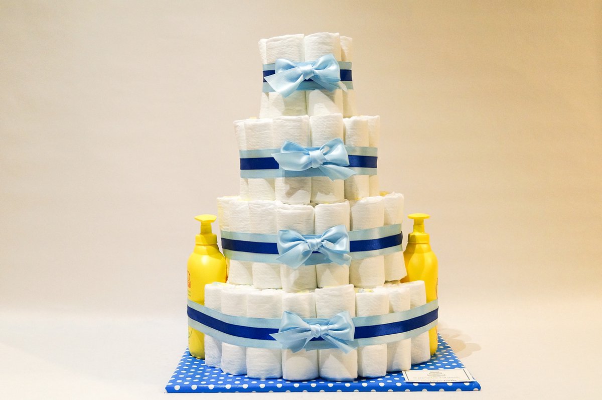 Goedkoopste Pampertaart - luiertaart - jongen - 4 laags - blauw - Zwitsal 98 luiers maat 3