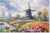 Tuinposter bloemen - Tuindecoratie tulpen - 180x120 cm - Poster voor in de tuin - Buiten decoratie Holland - Schutting tuinschilderij verf - Tuindoek muurdecoratie windmolen - Wanddecoratie balkondoek