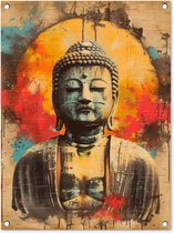 Tuinposter 60x80 cm - Tuindecoratie - Boeddha - Graffiti - Street art - Boedha beeld - Buddha - Poster voor in de tuin - Buiten decoratie - Schutting tuinschilderij - Muurdecoratie - Tuindoek - Buitenposter..