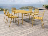 MYLIA Tuineethoek van metaal - Een tafel D160 cm met 2 opstapelbare fauteuils en 4 opstapelbare stoelen - Mosterdgeel - MIRMANDE van MYLIA L 160 cm x H 79 cm x D 80 cm