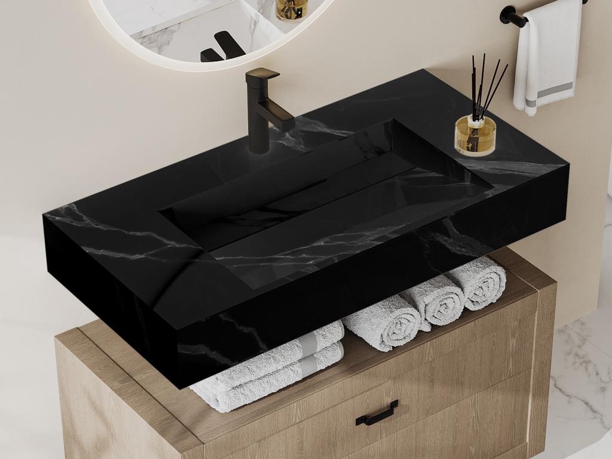 Shower & Design Hangende solid surface wastafel in zwart marmer effect TAKOTNA - L.90.2 x B.45.2 x H.8 cm L 90.2 cm x H 8 cm x D 45.2 cm