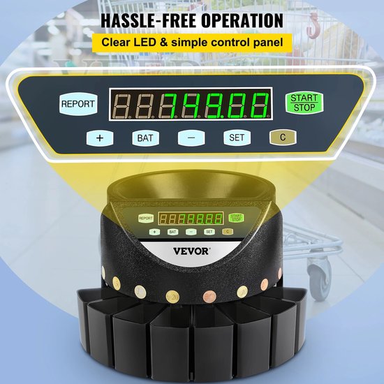 Ayah - Vevor® Muntenteller - Compacte Geldteller - Automatische Munttelmachine - 300 Munten per Minuut - Intelligente Detector - B30 cm x L39 cm x H26 cm - Zwart - vevor