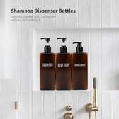 A Luxe zeep Lotion Dispenser vierkant, 3 stuks, 500 ml, bruin, zeepdispenser, set met etiketten voor shampoo, conditioner, bodyzeep, navulbare kunststof pompflessen voor badkamer, hoge capaciteit