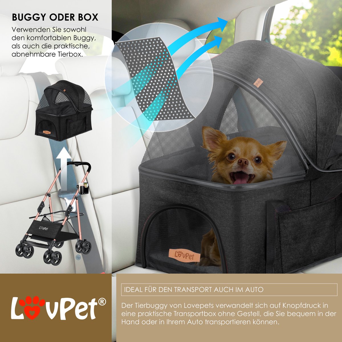 LOVPET® Hondenbuggy 2in1 Huisdieren Wandelwagen Buggy met Transporttas Opvouwbaar tot 20 kg Hondenwandelwagen met Gaasramen & Regenhoes Jogger Kattenbuggy voor Kleine Honden Katten Hondenbox - Zwart – foto 8