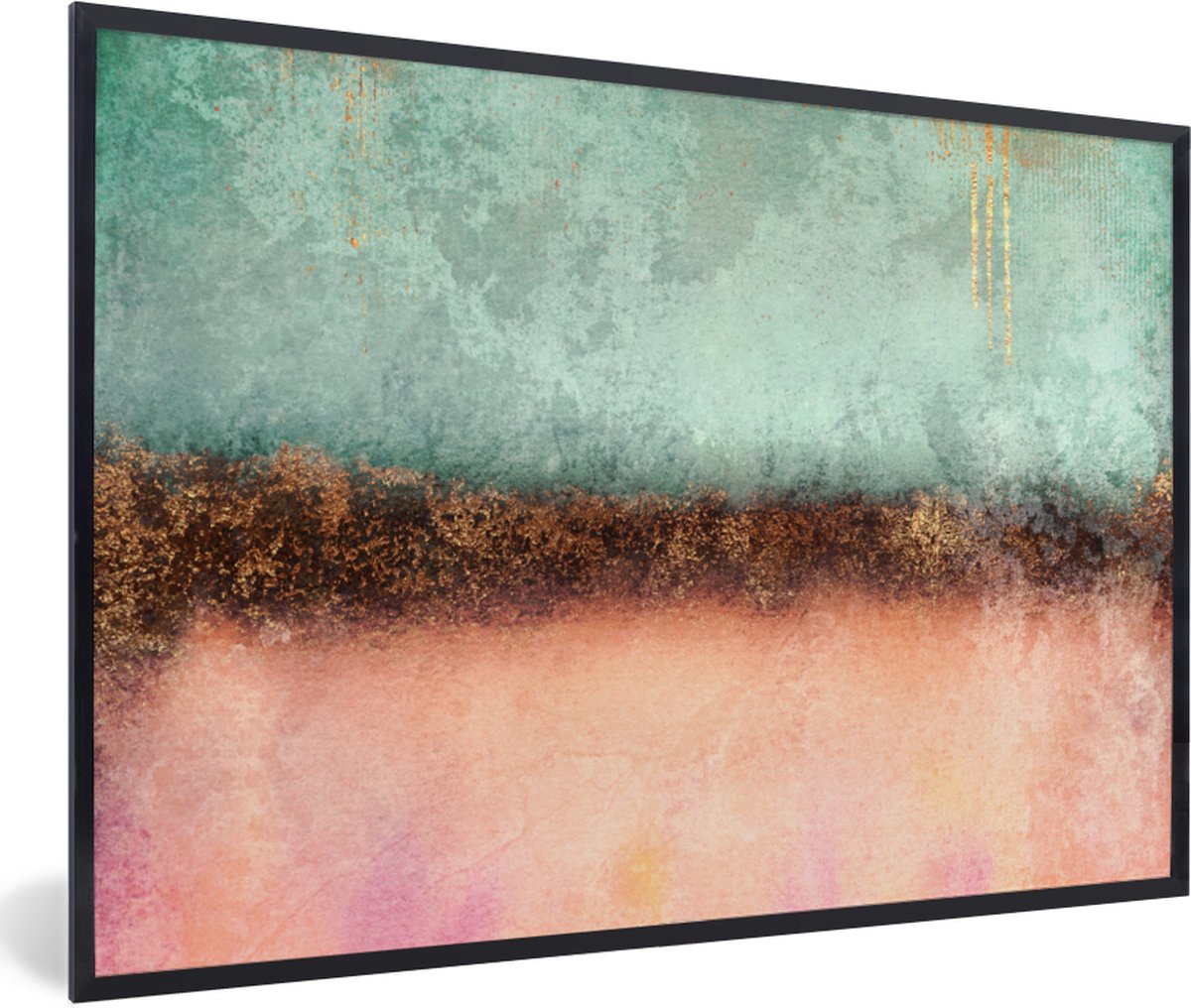 Fotolijst incl. Poster - Goud - Verf - Abstract - Groen - Roze - 90x60 cm - Posterlijst
