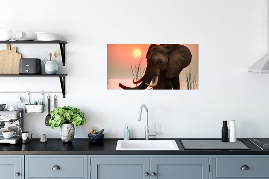 Poster 80x40 cm - Olifant - Dieren - Water - Zonsondergang - Posters - Kamer decoratie - Wanddecoratie woonkamer - Muurdecoratie slaapkamer