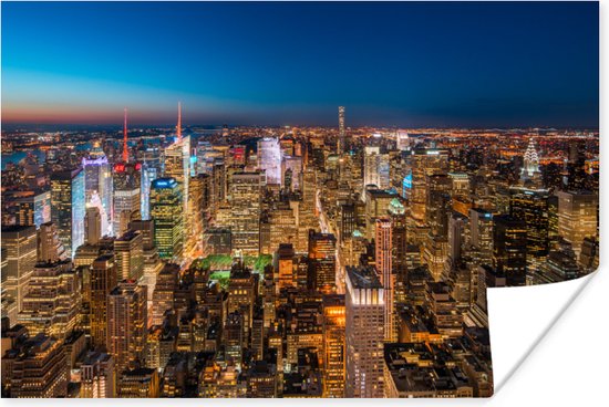 Luchtfoto bij nacht New York Poster 180x120 cm - Foto print op Poster (wanddecoratie woonkamer / slaapkamer) / Amerikaanse steden Poster XXL / Groot formaat!