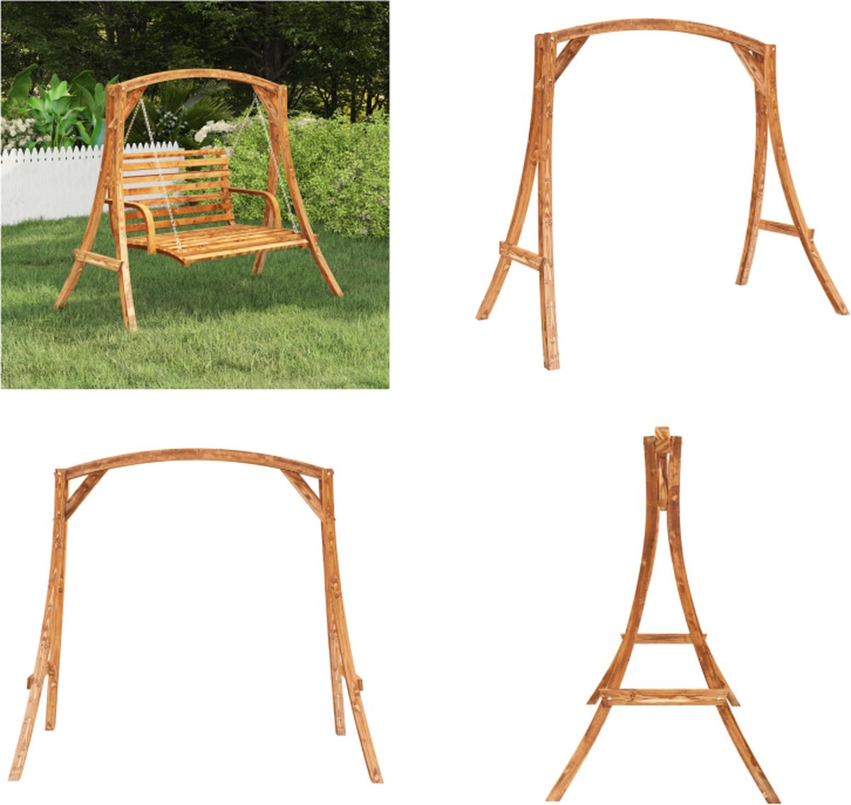 VidaXL Schommelbank 126x63x92 Cm – Gebogen Hout Met Teakafwerking – Massief, 200kg Draagvermogen – Met Kettingen – Zonder Frame