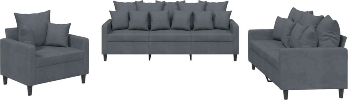 vidaXL - 3-delige - Loungeset - met - kussens - fluweel - donkergrijs