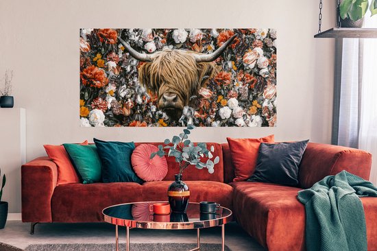Affiche Highlander écossais - Fleurs - Arc-en-ciel - 160x80 cm