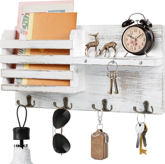 Houten wandorganizer, sleutelrek met magneet, sleutelhouder met 4 dubbele sleutelhaken, voor ingang, mudroom, hal, slaapkamer, woonkamer, zwart (oud wit)