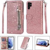 Portemonnee Hoesje - Wallet Case - Rits Sparkly Glitter - Telefoonhoes met Kord Geschikt voor: Samsung Galaxy S23 Ultra - Rosegoud