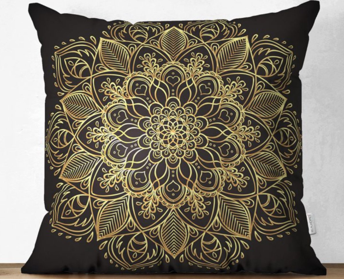 De Groen Home HARMONIE Kussenhoes 50x50 cm - Gold mandala op zwart - Velvet - Fluweel kussensloop - Aan beide zijdig bedrukt
