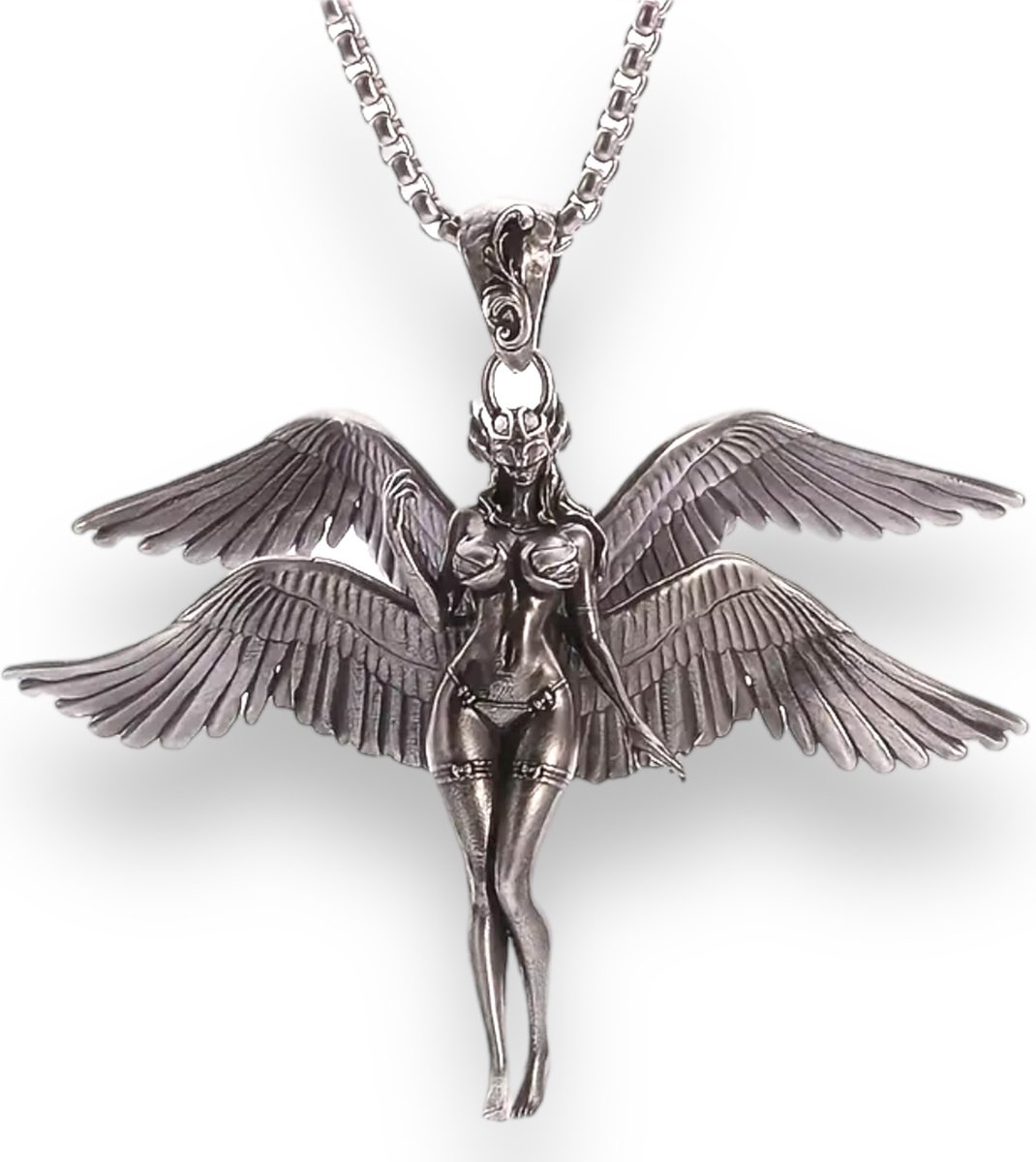 Gevleugelde Strijder Van Zilver - Mystieke Gevleugelde God Vrouw Figuur Ketting