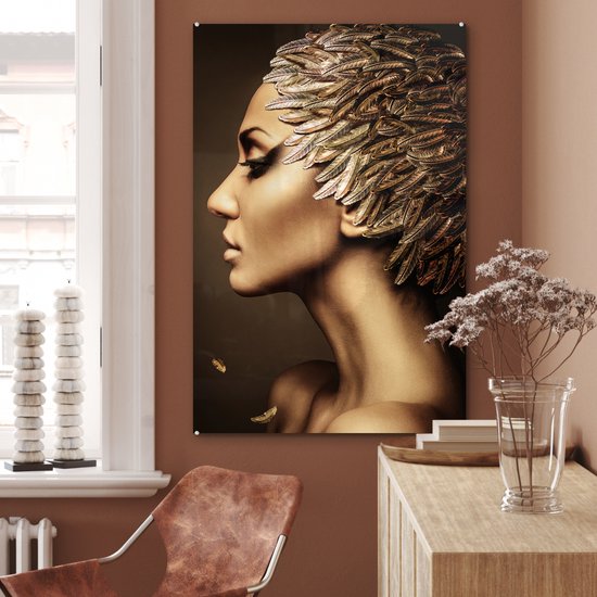 MuchoWow® Peinture sur verre 80x120 cm - Peinture sur verre - Femme - Abstrait - Or - Portrait - Photo sur verre acrylique - Décoration murale salon - Décoration murale chambre - Peintures