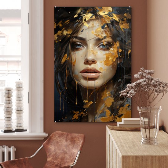 MuchoWow® Peinture sur verre 80x120 cm - Peinture sur verre - Femme - Portrait - Abstrait - Art - Or - Photo sur verre acrylique - Décoration murale murale salon - Décoration murale chambre - Peintures