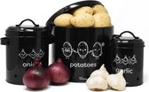 Set van 3 aardappel- en uienpot, knoflook, grote voorraaddozen van metaal, stijlvolle retro-look, uienpot, aardappelpot, knoflookpan, zwart