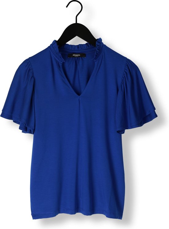 Jansen Amsterdam Tc136 Top Short Ruffled Sleeve V-neck Tops & T-shirts Dames - Shirt - Blauw - Maat XL