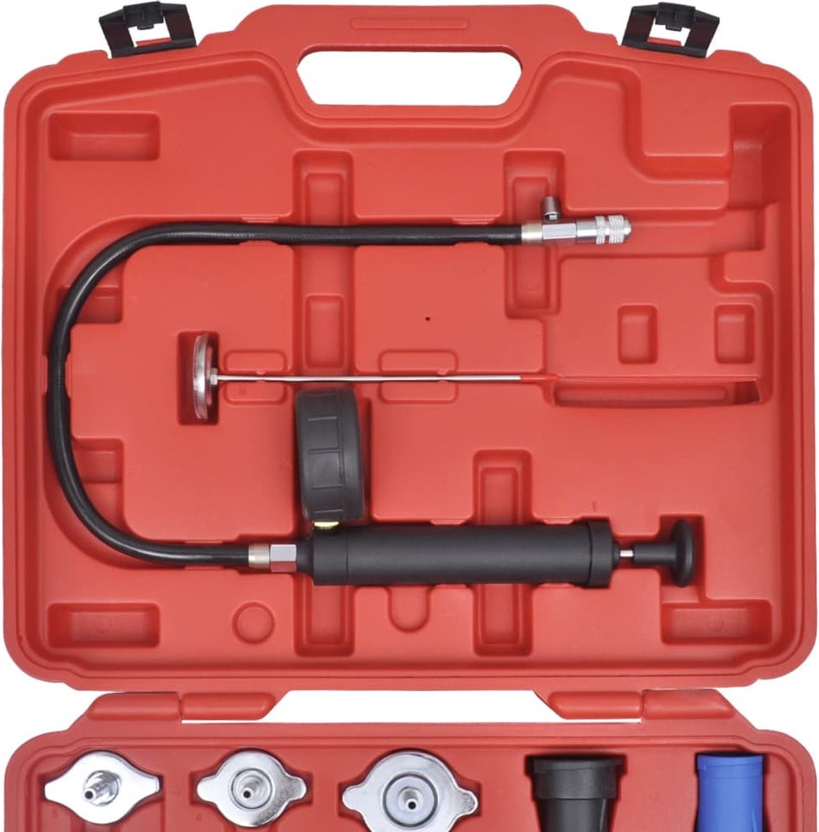 FreeTec 18-delige Koelsysteemtester – Handpomp Met Manometer (0-35 Psi) – Universele Adapters Voor Mercedes, BMW, Honda, Toyota En Meer – In Kunststof Koffer