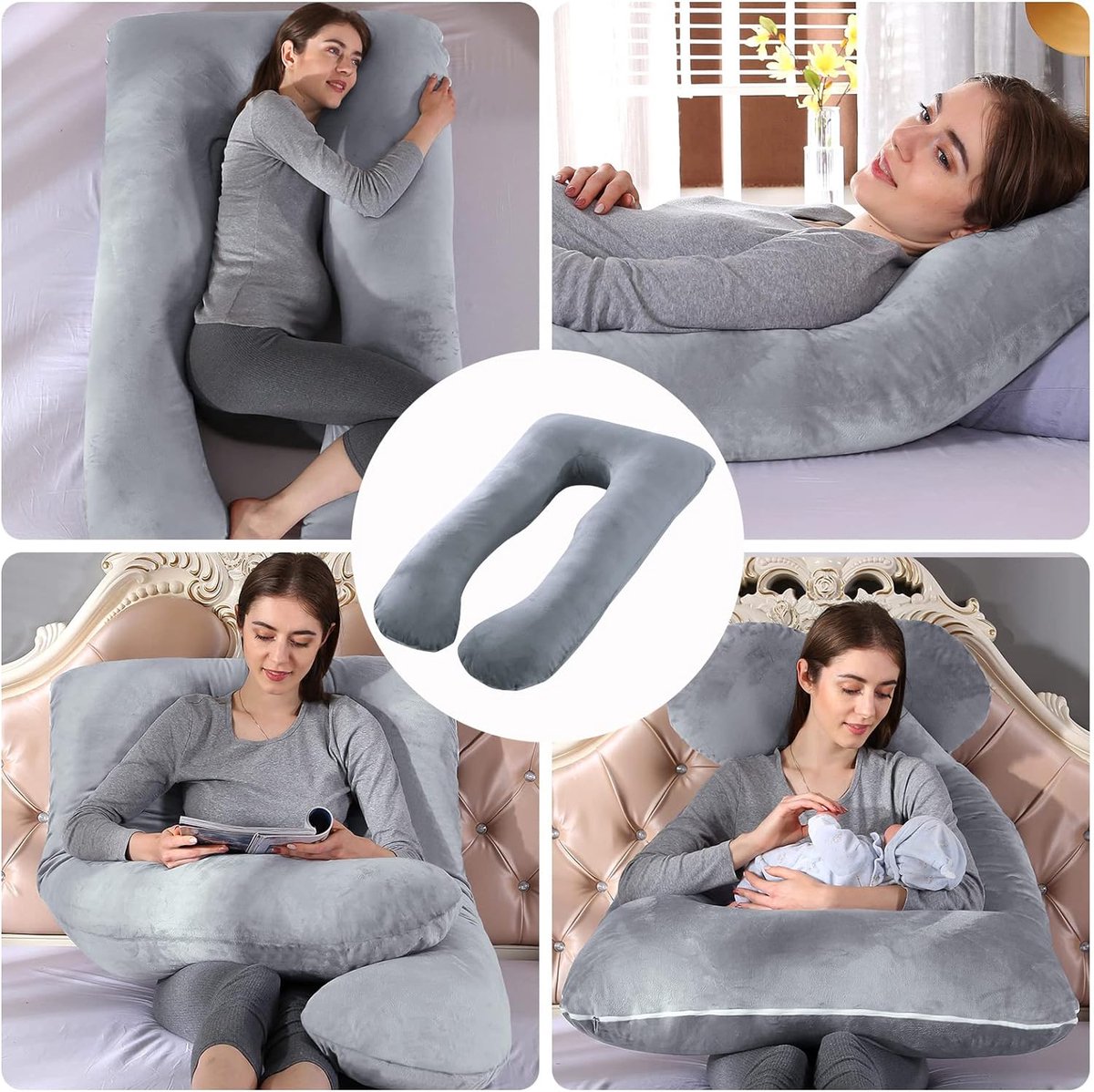 Coussin De Grossesse En C - Housse Lavable, Soutien Dos/Hanches/Jambes - Gris Velours - Maternité/Allaitement - 9
