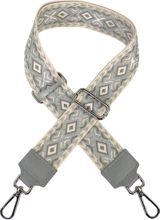 Qischa® Bag strap - Tassenriem - Schouderband - Schouderriem - Tassen Riem - Tas Hengsel - Verstelbare Riem - beige, grijs, zilver - zilveren hardware