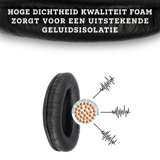 Zwart oorkussen met de tekst 'Hoge dichtheid kwaliteit foam zorgt voor een uitstekende geluidsisolatie' en een grafische weergave van geluidsgolven.
