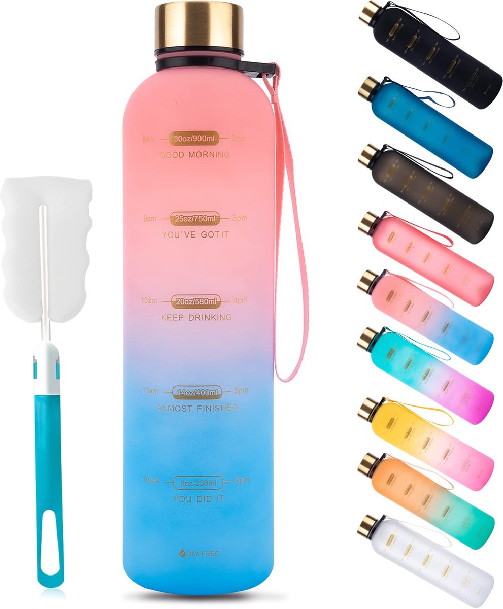 Drinkfles, 1 liter, BPA-vrije waterfles, sportfles van Tritan, lekvrije waterfles met motiverende tijdmarkering, drinkherinnering voor sport, fitness, fiets, outdoor, roze/blauw